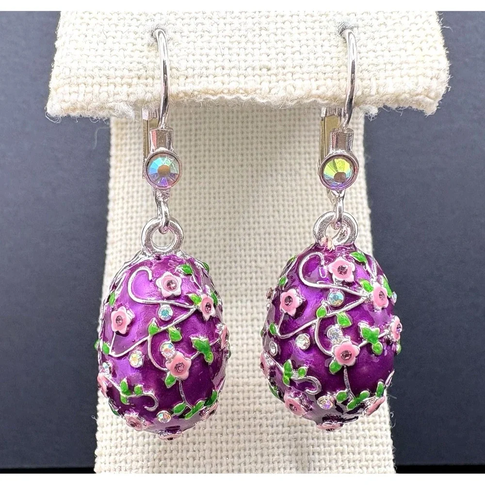 Kirks Folly Bunny Kisses Easter Egg Dangle Earrings Purple Floral Spring Pierced